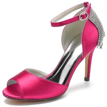 Imagem de GAGALU Sandálias femininas de bico redondo de bico aberto, borla de strass, fileira traseira com botões, sandálias de festa, Vermelho rosa, 37