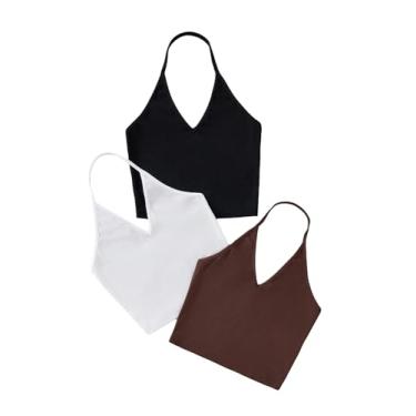 Imagem de Milumia Pacote com 3 camisetas femininas de malha canelada, gola V, sem mangas, cropped, Preto, marrom, branco, M