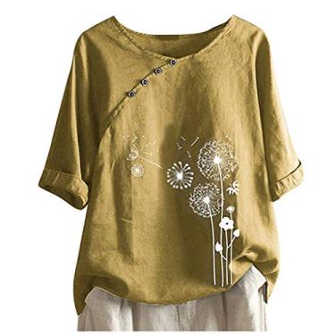 Imagem de Camiseta feminina de verão de algodão e linho casual floral manga curta leve gola redonda camiseta plus size, Ofertas relâmpago amarelo, XXG