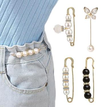 Imagem de Harewu 4 broches de pérolas, alfinetes de segurança para mulheres, meninas, roupas, calças, saia, cardigã e colarinho, broches de strass de pérolas falsas para mulheres, extensor de calças, alfinetes