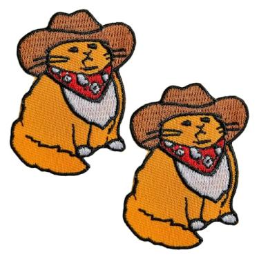 Imagem de CHBROS 2 peças engraçadas gato usa um chapéu de caubói bordado aplique de ferro/costurar em remendos para roupas, jaquetas, camisetas, mochilas..
