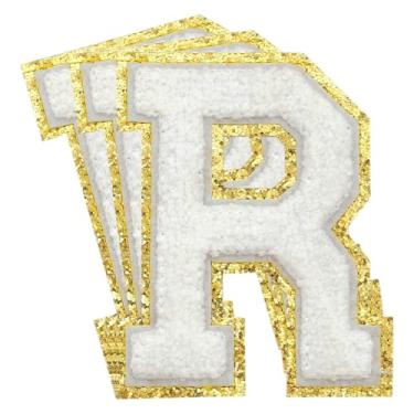 Imagem de 3 Pçs Remendos de Chenille Letras Douradas Glitter Ferro em Remendos de Letras Varsity Remendos Bordado de chenille Remendos Costurados para Roupas Chapéu Bolsas Jaquetas Camisa (Ouro, R)