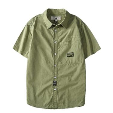 Imagem de Camisa masculina de manga curta com lapela, bolso retrô, fina, de algodão, casual, de verão, En8, M