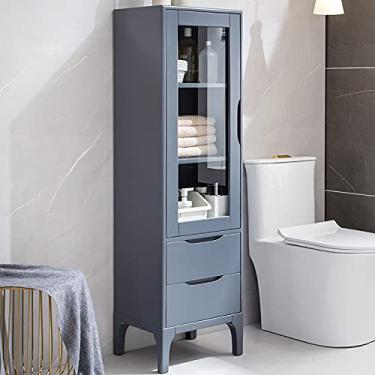 Imagem de Armário de banheiro independente para casa moderna, armário de armazenamento de entrada de madeira com portas, 2 gavetas, para banheiro, sala de estar, cozinha, azul