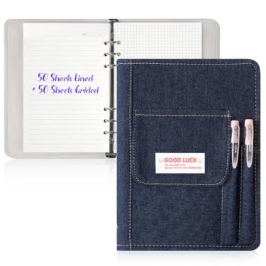 Imagem de Toplive Fichário A5 recarregável, A5 Denim 6 anéis, capa para fichário com 100 folhas, caderno de diário pessoal Y2K para meninas, mulheres, estudantes universitários, Dark DENIM