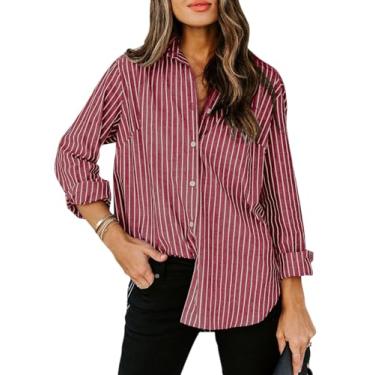 Imagem de siliteelon Camisas femininas de botão de algodão listradas camisa social manga longa colarinho escritório trabalho blusas tops, Listrado vermelho, 3G