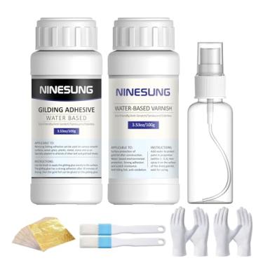 Imagem de Ninesung Kit de folha de ouro, conjunto de adesivo dourado de 200 ml, adesivo à base de água e verniz protetor folha de ouro 100 peças, folhas de folha dourada para artesanato, pintura, resina, artes