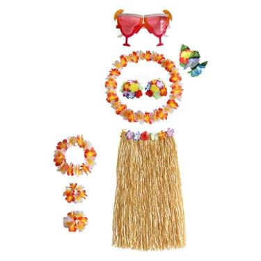 Imagem de Tachiuwa Conjunto de fantasia de saia de grama havaiana dançarina de hula para festa de luau, Comprimento da saia 80cm
