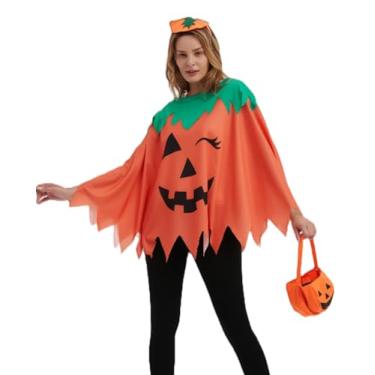 Imagem de Easy Halloween Costumes for Women 2024 - Plus Size Pumpkin Poncho with Headband and Candy Bag for Adults,Pumpkin Costume Set for Mom Teacher Couples Family