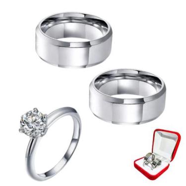 Imagem de Par Alianças Prata Namorados 8mm Reta + Anel Solitário 2mm Zircônia Br