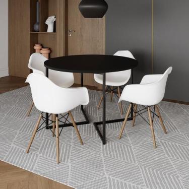 Imagem de Mesa Jantar Industrial Preta 110cm Redonda Base V Ferro Preto com 4 Po