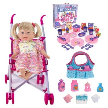 Imagem de Boneca Faz Xixi Rafaeli + Carrinho Rosa Bolsinha e Jantar - Milk Brinq