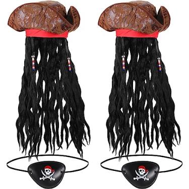 Imagem de Roshtia 4 peças de chapéu de pirata com dreadlocks fantasia de pirata adulto patch de olho masculino bucaneer chapéu de pirata para festa de pirata acessórios de fantasia Halloween cosplay, Cor