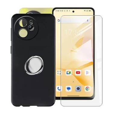Imagem de YQINHHME Capa preta para Blackview Shark 8 (6,7 polegadas) com 1 x suporte de anel de metal para celular de vidro temperado + 360°, capa de TPU à prova de choque de silicone macio fino à prova de