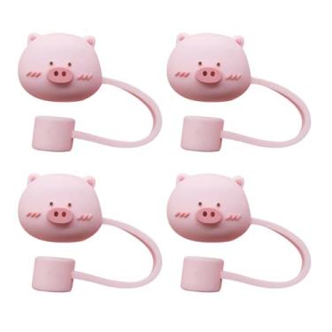 Imagem de 4 peças de tampa de palha de porco fofo rosa, capa fofa de silicone para copo Stanley, canudo à prova de poeira, pontas de canudo reutilizáveis, dispensadores de canudo, acessórios de cozinha