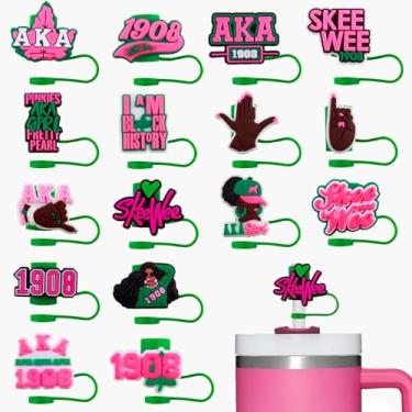 Imagem de 16 peças de cobertura de palha rosa sorority para Stanley copo de 1,134 g preto menina chapéu de palha reutilizável preto história pontas de palha para canudos de 1 cm acessórios de copo Stanley