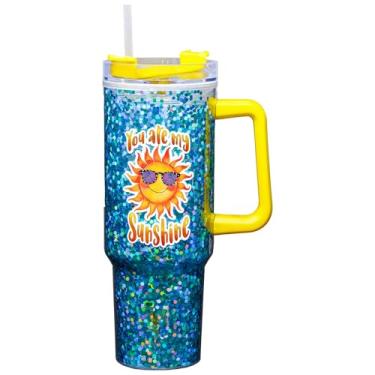 Imagem de Spoontiques Sunshine Caneca de viagem de acrílico com glitter de 1,134 g - acrílico de parede dupla com trava deslizante tampa de viagem e canudo - 28 cm de altura