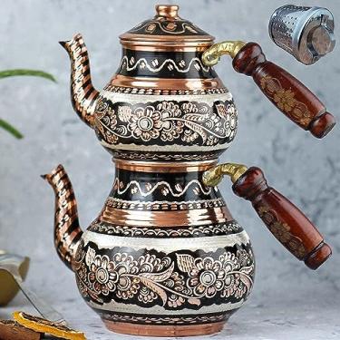 Imagem de Conjunto de bule de chá turco de cobre para fogão, infusor decorativo, vintage, árabe, antigo, bandeja de fazenda, festa, decoração marroquina, estilo de cozinha persa (antigo)