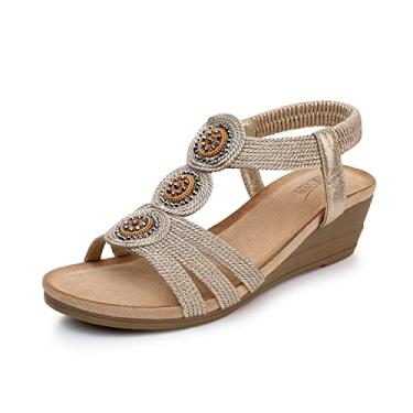 Imagem de SHIBEVER Sandálias femininas plataforma baixa: bico aberto elástico tira no tornozelo sandália cunha - sandálias elegantes femininas - verão confortável, 2621-champanhe, 37