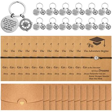 Imagem de Cunno 12 conjuntos de presentes de formatura 2023 incluem 12 peças de pulseira de bússola com cartão, 12 peças de chaveiro de formatura, 12 peças de envelopes marrons para presentes de formatura de faculdade, aço inoxidável, liga, couro PU, papel kraft