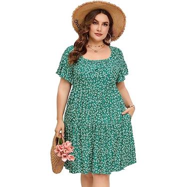 Imagem de ShopWonder Vestido de verão feminino plus size, gola V, comprimento até o joelho, plus size, evasê, rodado, com bolsos, Flor branca verde, 5G