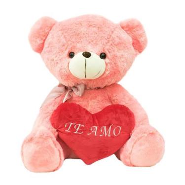 Imagem de Urso Rosa Com Laço Coração Te Amo 45cm - Pelúcia Rosa - Foffy