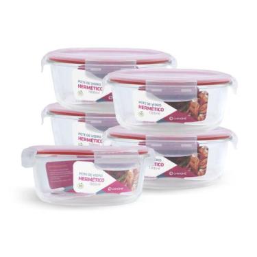 Imagem de Kit 5 Potes Redondo Vidro Hermético Forno Freezer 1300ml - NABOX, Verm