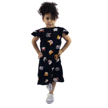 Imagem de Vestido Com Mangas Franzidas E Estampa De Gatos - Magic Sky, Preto, 12