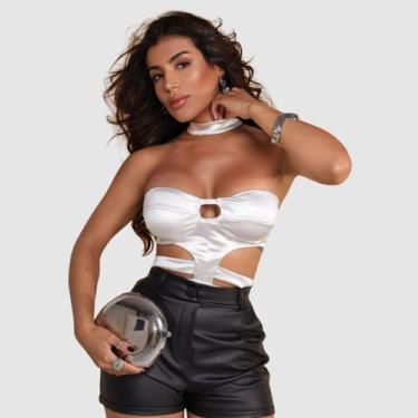 Imagem de Body Feminino Acetinado sem alça Gola Choker Vazado - Swiss Boutique, 