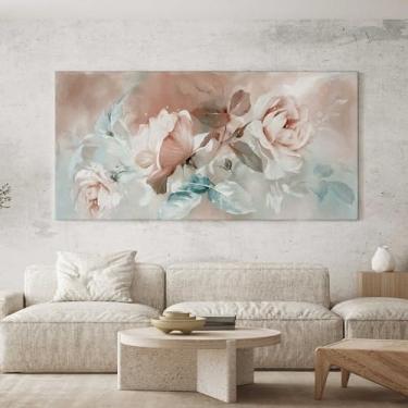 Imagem de Quadro Decorativo para Sala Quarto Hall 100x50 Arte Floral Rosa e Azul Abstrato Horizontal Grande Decoração Parede Tela