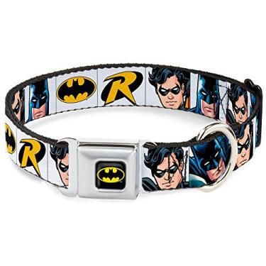 Imagem de Buckle-Down Coleira para cães com fivela de cinto de segurança – Blocos Batman e Robin Branco – 2,54 cm de largura – Serve para pescoço de 22,86 a 38,10 cm – Pequena