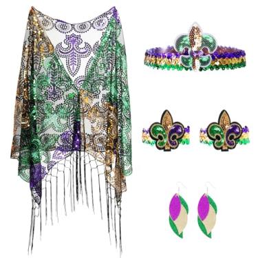 Imagem de SUMERSHA Conjunto de 5 peças de fantasia de xaile de carnaval com lantejoulas e faixas de pulso femininas para festivais de carnaval, roxo, dourado, verde, One Size