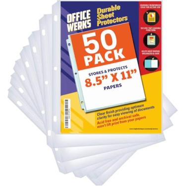Imagem de Office Werks 50 protetores de folha transparentes para fichário de 3 anéis, protetores de página de 21 x 28 cm, folhas protetoras de papel de carregamento superior com furos reforçados, seguro para