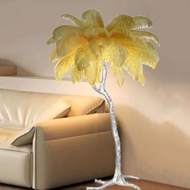 Imagem de Luminária de pé de resina, luminária de chão de penas de avestruz natural, lâmpada de decoração de quarto e sala de estar moderna com corpo de lâmpada prateada, lâmpada LED regulável