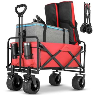 Imagem de EVLIQUIL Carroça de praia dobrável dobrável, carrinho dobrável com rodas grandes, carrinhos utilitários de mercearia para todos os terrenos dobráveis com freios para acampamento na areia esportes ao