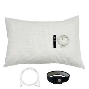 Imagem de EMIKITS Fronha de cama de aterramento branca Queen 50 x 76 cm, 5% fibra de prata 95% algodão orgânico, capa de almofada natural com cordão e pulseira