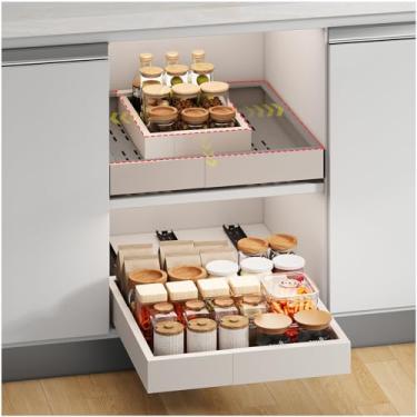 Imagem de Organizador de armário removível, 3 trilhos deslizantes, largura (28 a 41 cm), profundidade (33 a 43 cm) expansível, sem furadeira, gavetas deslizantes ajustáveis para cozinha, despensa, prateleiras
