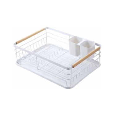 Imagem de Escorredor De Louças de Metal e Madeira com Bandeja 43x32cm - Branco