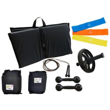 Imagem de Kit Tornozeleira 5KG Preto + Halteres 5KG Preto + Colchonete Preto + M