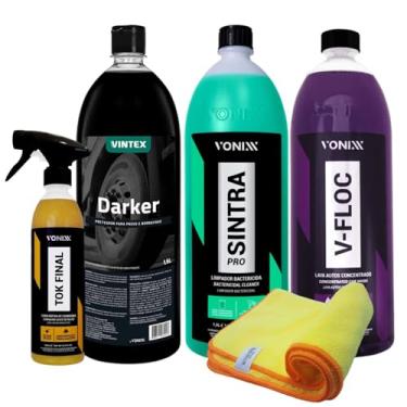 Imagem de Kit Limpeza Automotiva Vonixx, V-Floc 1,5L + Sintra Pro 1,5L + Darker 1,5L + Tok Final + 3 Flanelas