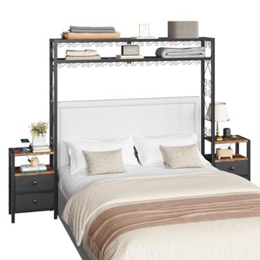 Imagem de Cabeceira tamanho Queen, cabeceira para cama de casal com 2 mesas-de-cabeceira, estrutura de armação de metal, cabeceiras com portas USB e carregamento sem fio, largura ajustável de cabeceira de metal