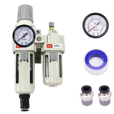 Imagem de RIH Pneumatics Compressed Air Filter Regulator Lubricator Combo Water/Oil Trap Separator - Gauge (0-150 Psi), Semi-Auto Drain, Poly Bowl, Bracket - 3 Em 1 Two Unit (3/8" Npt Auto Drain)