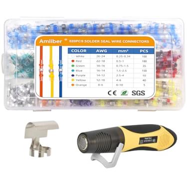 Imagem de Amliber Conectores De Fio De Solda 520Pcs Atualizados Com Pistola De Calor 450W, Conectores De Fio De Selo De Solda Solderstick Kit De Conector De Fio De Solda À Prova D'Água Para Marinho (Calibre 2