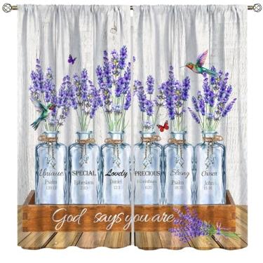 Imagem de Cortinas de flor de lavanda para cozinha, tábuas de madeira vintage rústicas natureza simples primavera plantas roxas flores borboletas pássaros cortinas de janela para crianças meninas quarto sala de