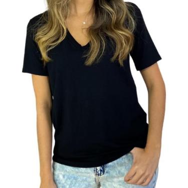 Imagem de Kit 3 Blusa Decote V Feminino Básica Lisa Manga Curta Gola V - Hettler