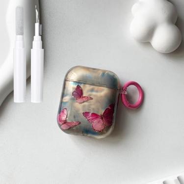 Imagem de inewateri Compatível com AirPods 2 Capa macia com estampa de borboleta fofa, design moderno, capa de chaveiro à prova de choque, capa de fone de ouvido para AirPods 2 e 1-rosa