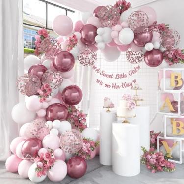 Imagem de Pateeha Decorações de chá de bebê para meninas 140 peças Garland balão rosa metálico kit arco balão branco adesivo borboleta balões confetes ouro rosa para chá de noiva decoração de festa de aniversário
