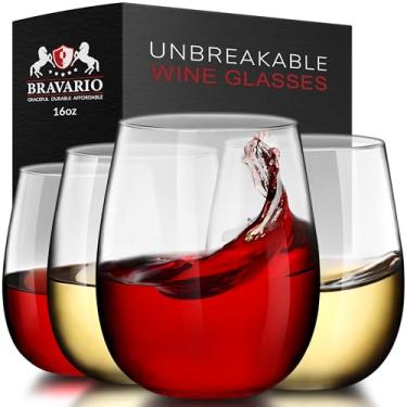 Imagem de Bravario Taças de vinho inquebráveis de plástico sem haste | 100% Tritan à prova de quebras | Seguro para lava-louças | Livre de BPA | Incrível para ambientes internos e externos | 473 ml, conjunto de 4