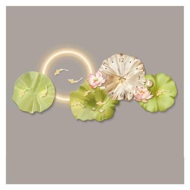 Imagem de Pintura decorativa com relógio Decoração de parede grande com pintura, luz ajustável e controle remoto para sala de estar, arte de parede de peixe, relógios pendurados, pintura de parede silenciosa e