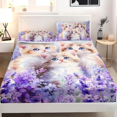 Imagem de AILONEN Jogo de lençol kawaii, Queen, gato, lavanda, gato, fofo, animal de estimação, aquarela, gato, 1 lençol com elástico com 2 fronhas, 3 peças